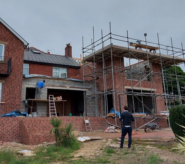 Brick extension under construction with scaffolding, Shinfield Road
